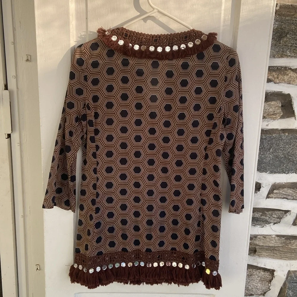 Tory Burch Brown tunic top with MIRROR CIRCLE TRIM AROUND NECK & Bottom size 2 - Picture 4 of 15
